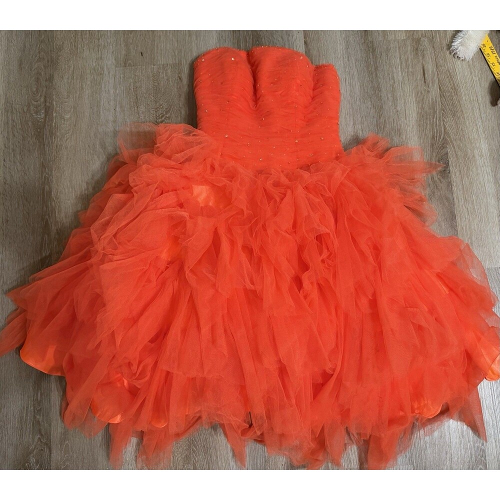 Y2K Sparkle Neon Orange Ruffles Tulle Homecoming Formal Strapless Dress Size 6